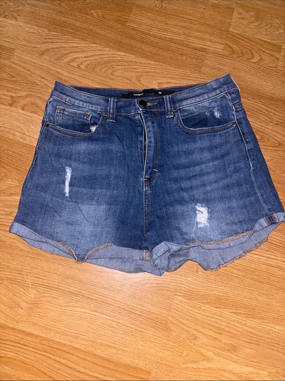 Harper Distressed Rolled-Hem Denim Shorts - Blue